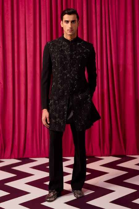 Contrast By Parth Black Premium Suiting Embroidery Cutdana Floral Sherwani Set 