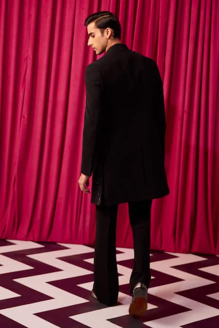 Shop Contrast By Parth Black Cotton, Silk Embroidery, Cut Work Floral Sherwani Set at Aza Fashions Shop_Contrast By Parth_Black Cotton, Silk Embroidery, Cut Work Floral Sherwani Set _at_Aza_Fashions