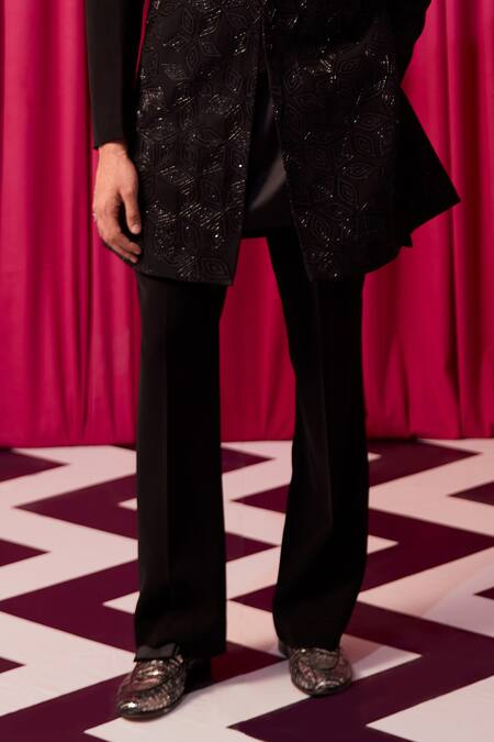 Contrast By Parth Black Cotton, Silk Embroidery, Cut Work Floral Sherwani Set Online at Aza Fashions Contrast By Parth_Black Cotton, Silk Embroidery, Cut Work Floral Sherwani Set _Online_at_Aza_Fashions
