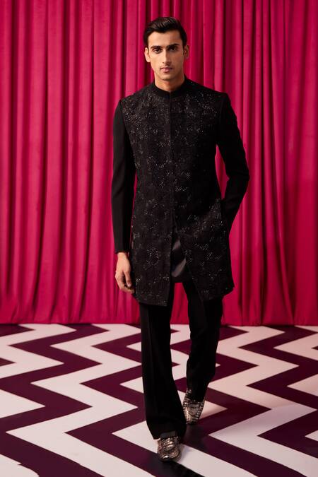 Buy Contrast By Parth Black Cotton, Silk Embroidery, Cut Work Floral Sherwani Set Online at Aza Fashions Buy_Contrast By Parth_Black Cotton, Silk Embroidery, Cut Work Floral Sherwani Set _Online_at_Aza_Fashions