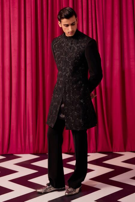 Contrast By Parth Black Cotton, Silk Embroidery, Cut Work Floral Sherwani Set at Aza Fashions Contrast By Parth_Black Cotton, Silk Embroidery, Cut Work Floral Sherwani Set _at_Aza_Fashions