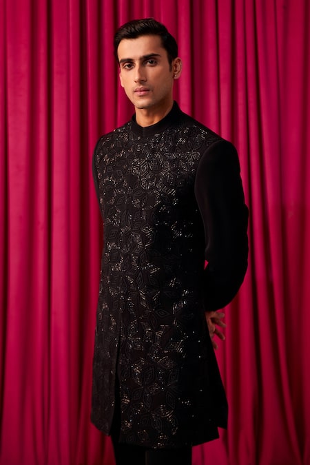 Buy Contrast By Parth Black Cotton, Silk Embroidery, Cut Work Floral Sherwani Set Buy_Contrast By Parth_Black Cotton, Silk Embroidery, Cut Work Floral Sherwani Set