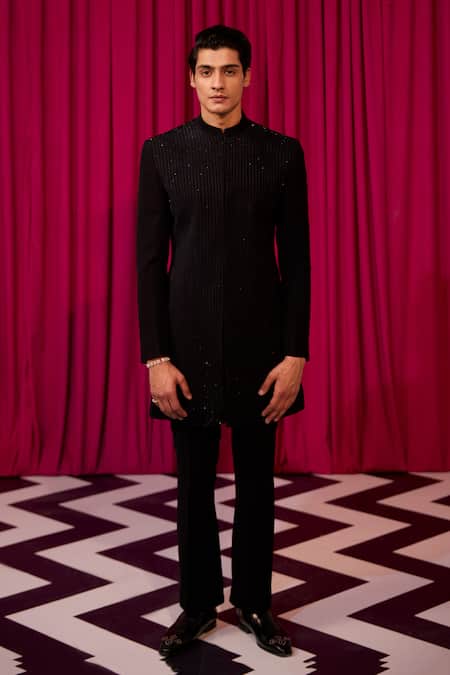 Contrast By Parth Black Silk Crystals Falling Star Embellished Sherwani Set Online at Aza Fashions Contrast By Parth_Black Silk Crystals Falling Star Embellished Sherwani Set _Online_at_Aza_Fashions