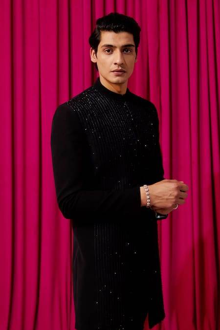 Shop Contrast By Parth Black Silk Crystals Falling Star Embellished Sherwani Set Online at Aza Fashions Shop_Contrast By Parth_Black Silk Crystals Falling Star Embellished Sherwani Set _Online_at_Aza_Fashions