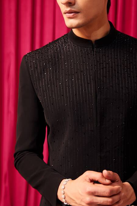 Contrast By Parth Black Silk Crystals Falling Star Embellished Sherwani Set at Aza Fashions Contrast By Parth_Black Silk Crystals Falling Star Embellished Sherwani Set _at_Aza_Fashions