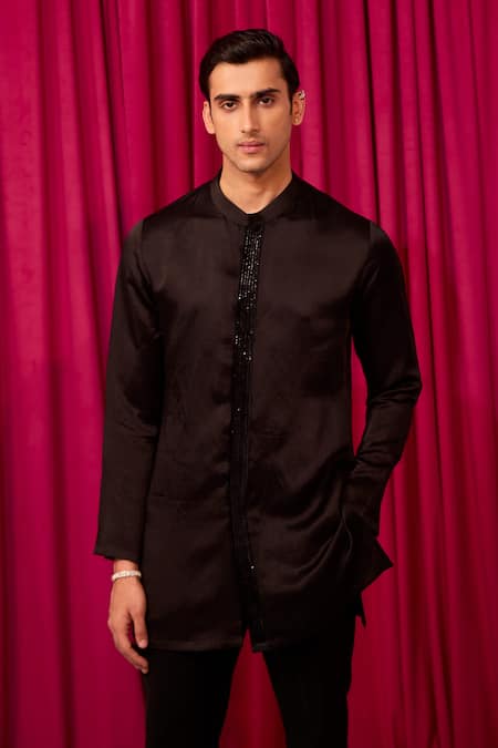 Shop_Contrast By Parth_Black Cotton, Suede, Wool Cut Work, Embroidery Imperial Textured Sherwani Set _at_Aza_Fashions