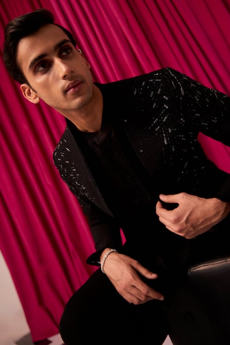 Contrast By Parth_Black Cotton, Suede, Wool Cut Work, Embroidery Imperial Textured Sherwani Set _Online_at_Aza_Fashions