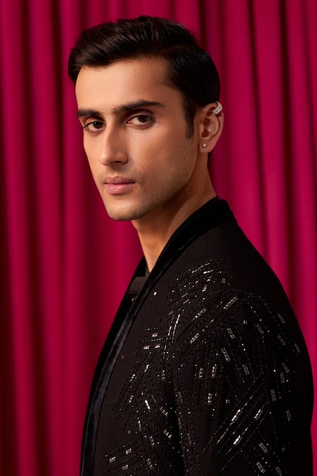 Buy_Contrast By Parth_Black Cotton, Suede, Wool Cut Work, Embroidery Imperial Textured Sherwani Set _Online_at_Aza_Fashions