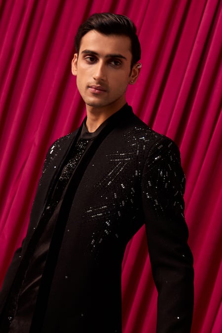 Shop_Contrast By Parth_Black Cotton, Suede, Wool Cut Work, Embroidery Imperial Textured Sherwani Set _Online_at_Aza_Fashions