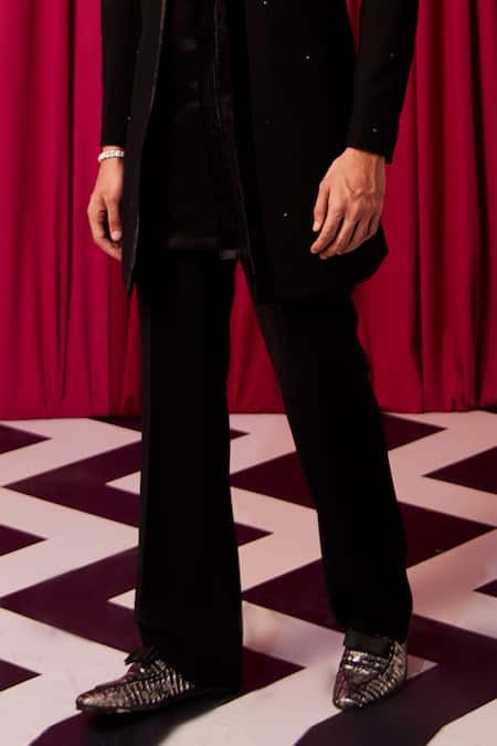 Contrast By Parth Black Cotton, Suede, Wool Cut Work, Embroidery Imperial Textured Sherwani Set at Aza Fashions Contrast By Parth_Black Cotton, Suede, Wool Cut Work, Embroidery Imperial Textured Sherwani Set _at_Aza_Fashions