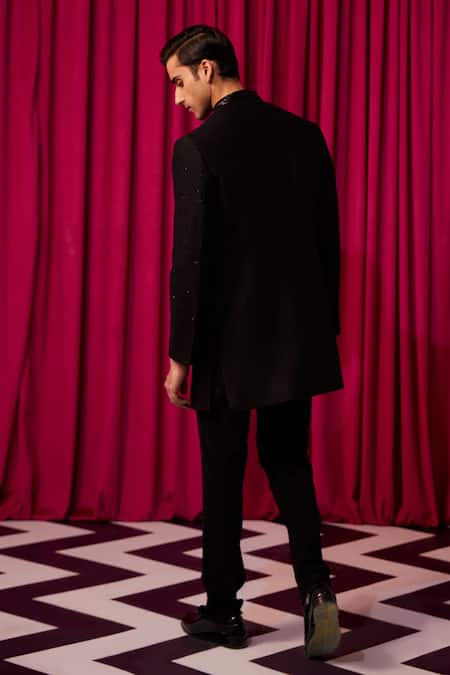 Shop Contrast By Parth Black Satin, Cotton Cut Work, Embroidery Forma Embellished Sherwani Set at Aza Fashions Shop_Contrast By Parth_Black Satin, Cotton Cut Work, Embroidery Forma Embellished Sherwani Set _at_Aza_Fashions