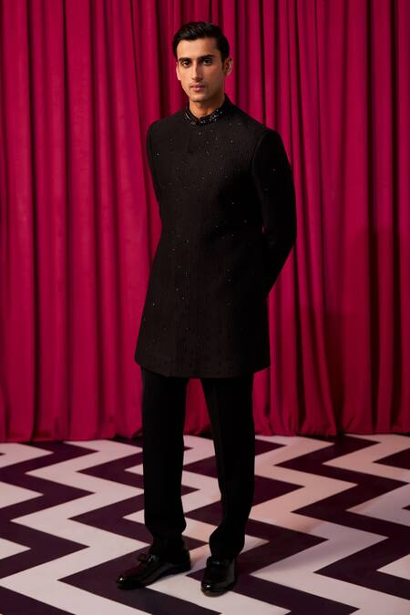 Contrast By Parth Black Satin, Cotton Cut Work, Embroidery Forma Embellished Sherwani Set Online at Aza Fashions Contrast By Parth_Black Satin, Cotton Cut Work, Embroidery Forma Embellished Sherwani Set _Online_at_Aza_Fashions