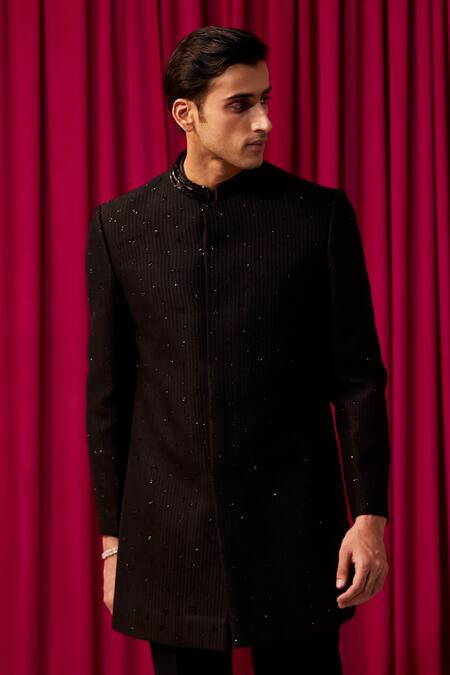 Buy Contrast By Parth Black Satin, Cotton Cut Work, Embroidery Forma Embellished Sherwani Set Online at Aza Fashions Buy_Contrast By Parth_Black Satin, Cotton Cut Work, Embroidery Forma Embellished Sherwani Set _Online_at_Aza_Fashions