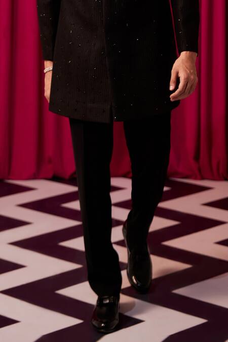 Shop Contrast By Parth Black Satin, Cotton Cut Work, Embroidery Forma Embellished Sherwani Set Online at Aza Fashions Shop_Contrast By Parth_Black Satin, Cotton Cut Work, Embroidery Forma Embellished Sherwani Set _Online_at_Aza_Fashions