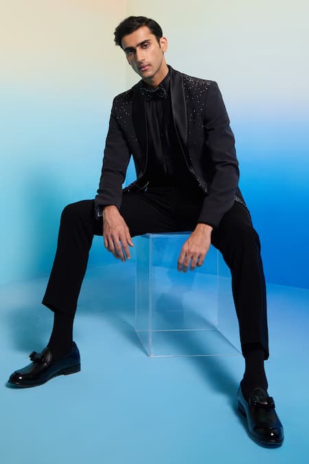 Contrast By Parth_Grey Cotton Cut Work, Embroidery Neptune Cutdana Tuxedo Set _Online_at_Aza_Fashions