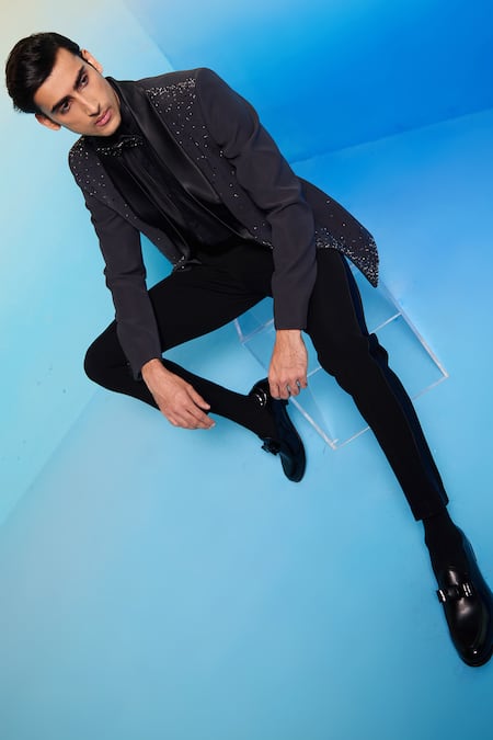 Buy_Contrast By Parth_Grey Cotton Cut Work, Embroidery Neptune Cutdana Tuxedo Set _Online_at_Aza_Fashions