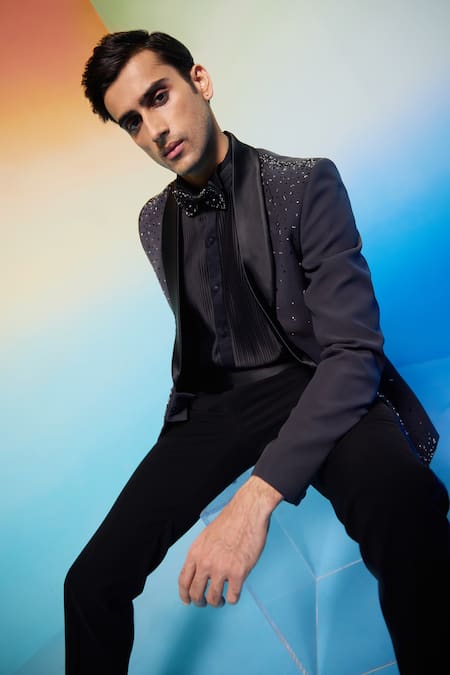 Shop_Contrast By Parth_Grey Cotton Cut Work, Embroidery Neptune Cutdana Tuxedo Set _Online_at_Aza_Fashions