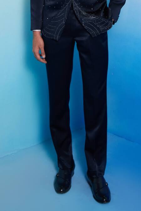 Contrast By Parth_Blue Silk, Cotton Crystals, Cut Work Elara Geometric Embroidered Tuxedo Set _Online_at_Aza_Fashions