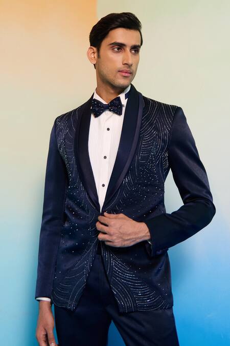 Buy_Contrast By Parth_Blue Silk, Cotton Crystals, Cut Work Elara Geometric Embroidered Tuxedo Set _Online_at_Aza_Fashions