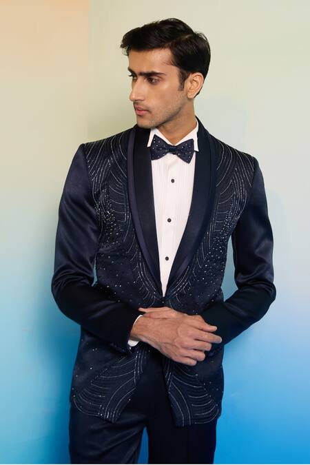 Shop_Contrast By Parth_Blue Silk, Cotton Crystals, Cut Work Elara Geometric Embroidered Tuxedo Set _Online_at_Aza_Fashions