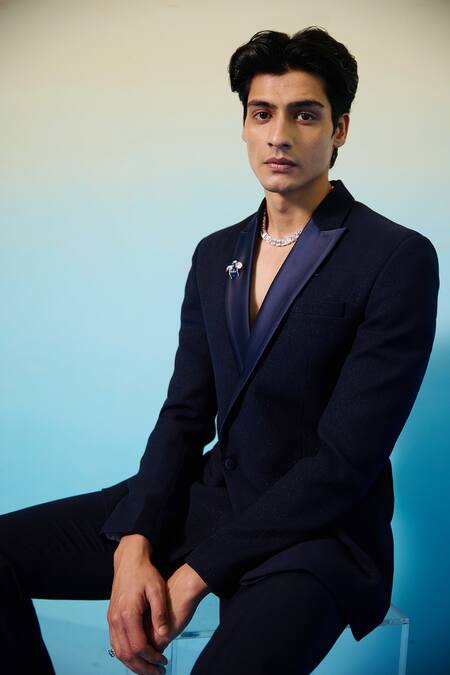 Contrast By Parth_Blue Suede, Wool Astra Double Breasted Blazer And Pant Set_Online_at_Aza_Fashions