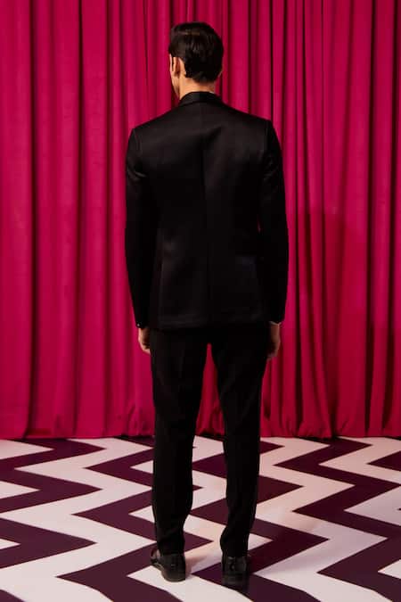 Shop Contrast By Parth Black Cotton, Silk, Polyester Crystals, Cut Elega Cutdana Embellished Tuxedo Set at Aza Fashions Shop_Contrast By Parth_Black Cotton, Silk, Polyester Crystals, Cut Elega Cutdana Embellished Tuxedo Set _at_Aza_Fashions