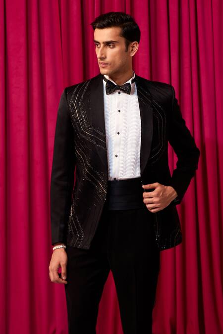 Buy Contrast By Parth Black Cotton, Silk, Polyester Crystals, Cut Elega Cutdana Embellished Tuxedo Set Online at Aza Fashions Buy_Contrast By Parth_Black Cotton, Silk, Polyester Crystals, Cut Elega Cutdana Embellished Tuxedo Set _Online_at_Aza_Fashions