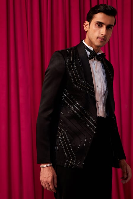 Contrast By Parth Black Cotton, Silk, Polyester Crystals, Cut Elega Cutdana Embellished Tuxedo Set at Aza Fashions Contrast By Parth_Black Cotton, Silk, Polyester Crystals, Cut Elega Cutdana Embellished Tuxedo Set _at_Aza_Fashions
