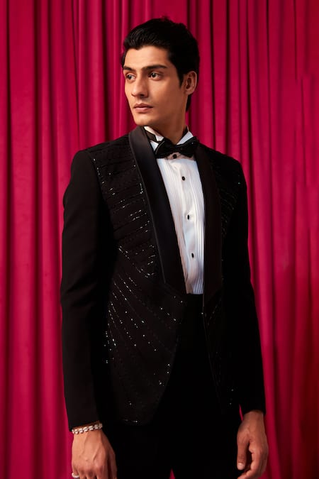 Buy_Contrast By Parth_Black Cotton Cut Work Dazzle Embellished Tuxedo Set _Online_at_Aza_Fashions