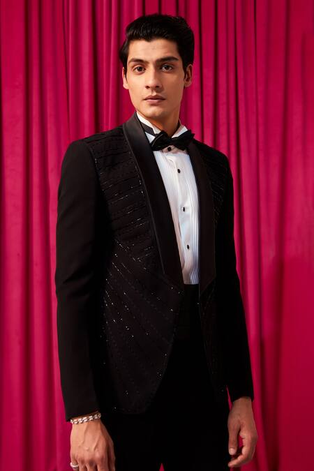 Shop_Contrast By Parth_Black Cotton Cut Work Dazzle Embellished Tuxedo Set _Online_at_Aza_Fashions