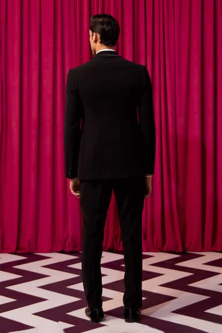 Shop Contrast By Parth Black Cotton Cut Work Illusion Stripe Embellished Tuxedo Set at Aza Fashions Shop_Contrast By Parth_Black Cotton Cut Work Illusion Stripe Embellished Tuxedo Set _at_Aza_Fashions