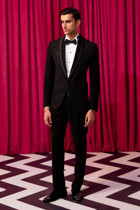 Contrast By Parth Black Cotton Cut Work Illusion Stripe Embellished Tuxedo Set Online at Aza Fashions Contrast By Parth_Black Cotton Cut Work Illusion Stripe Embellished Tuxedo Set _Online_at_Aza_Fashions