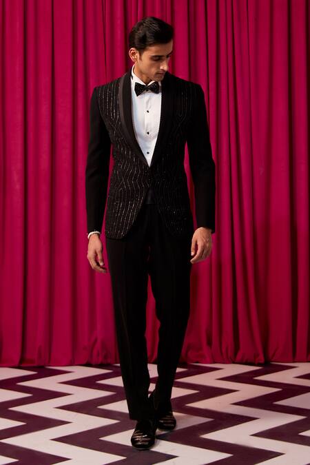 Shop Contrast By Parth Black Cotton Cut Work Illusion Stripe Embellished Tuxedo Set Online at Aza Fashions Shop_Contrast By Parth_Black Cotton Cut Work Illusion Stripe Embellished Tuxedo Set _Online_at_Aza_Fashions