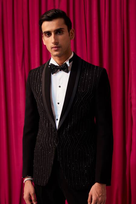 Contrast By Parth Black Cotton Cut Work Illusion Stripe Embellished Tuxedo Set at Aza Fashions Contrast By Parth_Black Cotton Cut Work Illusion Stripe Embellished Tuxedo Set _at_Aza_Fashions