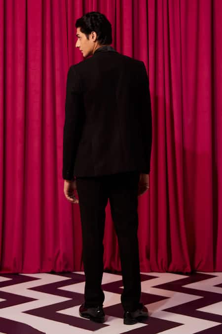 Shop_Contrast By Parth_Black Cotton Crystals, Zari Regalia Textured Embellished Blazer Set _at_Aza_Fashions