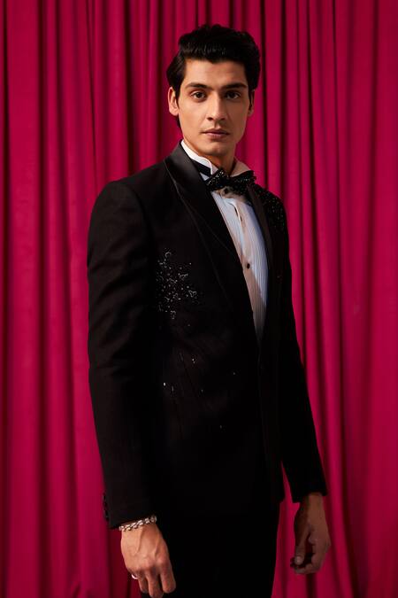 Buy_Contrast By Parth_Black Cotton Crystals, Zari Regalia Textured Embellished Blazer Set _Online_at_Aza_Fashions