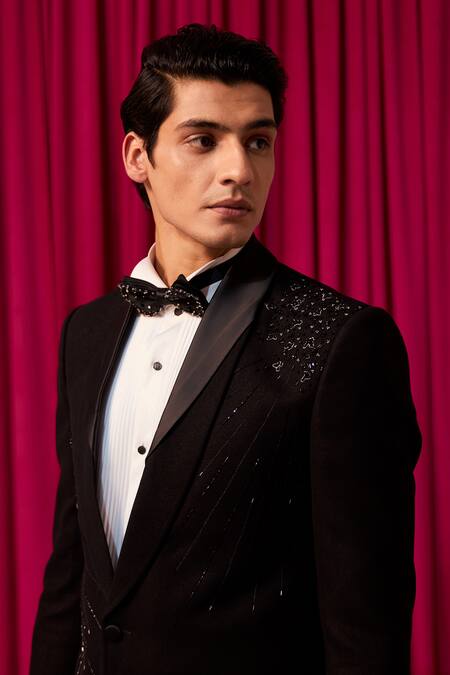Shop_Contrast By Parth_Black Cotton Crystals, Zari Regalia Textured Embellished Blazer Set _Online_at_Aza_Fashions