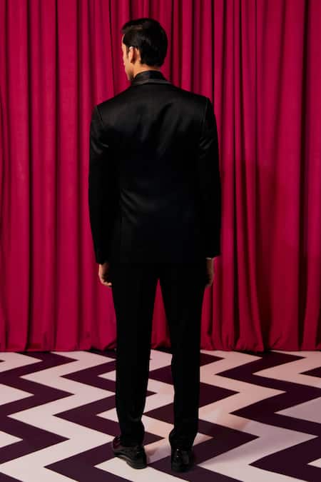 Shop Contrast By Parth Black Cotton, Silk Crystals, Cut Work Sauve Cutdana Embellished Tuxedo Set at Aza Fashions Shop_Contrast By Parth_Black Cotton, Silk Crystals, Cut Work Sauve Cutdana Embellished Tuxedo Set _at_Aza_Fashions