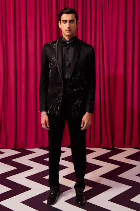 Contrast By Parth Black Cotton, Silk Crystals, Cut Work Sauve Cutdana Embellished Tuxedo Set Online at Aza Fashions Contrast By Parth_Black Cotton, Silk Crystals, Cut Work Sauve Cutdana Embellished Tuxedo Set _Online_at_Aza_Fashions