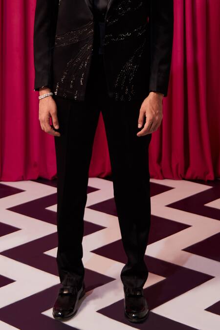 Shop Contrast By Parth Black Cotton, Silk Crystals, Cut Work Sauve Cutdana Embellished Tuxedo Set Online at Aza Fashions Shop_Contrast By Parth_Black Cotton, Silk Crystals, Cut Work Sauve Cutdana Embellished Tuxedo Set _Online_at_Aza_Fashions