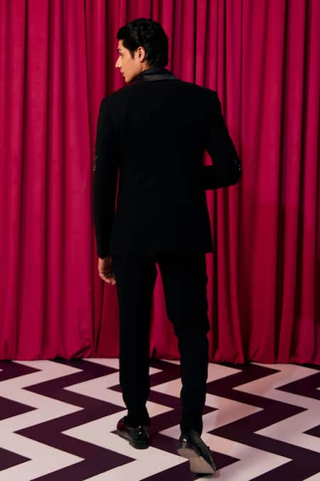 Shop Contrast By Parth Black Silk Cut Work Wave Textured Embellished Tuxedo Set at Aza Fashions Shop_Contrast By Parth_Black Silk Cut Work Wave Textured Embellished Tuxedo Set _at_Aza_Fashions