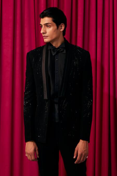 Contrast By Parth Black Silk Cut Work Wave Textured Embellished Tuxedo Set Online at Aza Fashions Contrast By Parth_Black Silk Cut Work Wave Textured Embellished Tuxedo Set _Online_at_Aza_Fashions