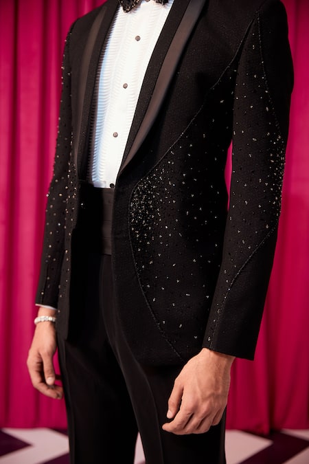 Contrast By Parth_Black Silk Cut Work, Beads Embellished Tuxedo Set _Online_at_Aza_Fashions