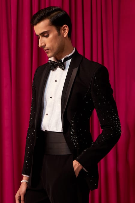 Shop_Contrast By Parth_Black Silk Cut Work, Beads Embellished Tuxedo Set _Online_at_Aza_Fashions