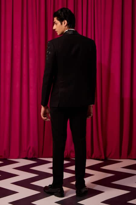 Shop_Contrast By Parth_Black Cotton, Wool Cut Work Cutdana Embellished Tuxedo Set _at_Aza_Fashions