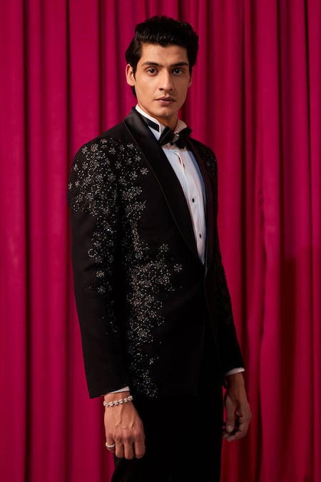 Contrast By Parth_Black Cotton, Wool Cut Work Cutdana Embellished Tuxedo Set _Online_at_Aza_Fashions