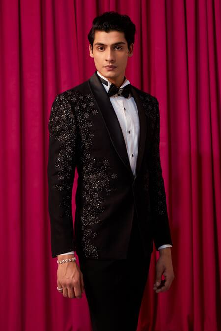 Buy_Contrast By Parth_Black Cotton, Wool Cut Work Cutdana Embellished Tuxedo Set _Online_at_Aza_Fashions