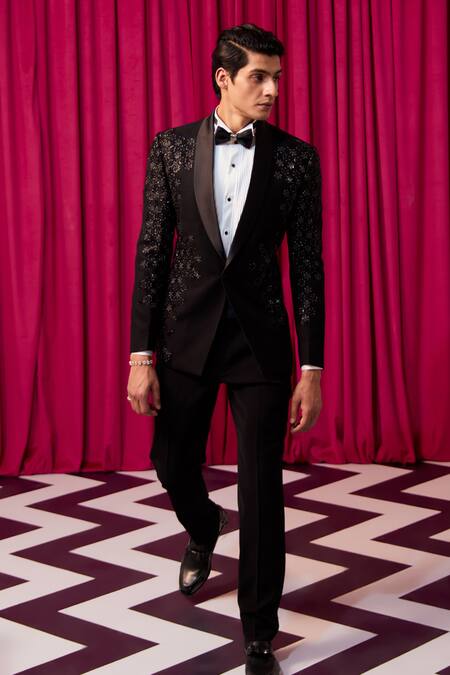 Shop_Contrast By Parth_Black Cotton, Wool Cut Work Cutdana Embellished Tuxedo Set _Online_at_Aza_Fashions