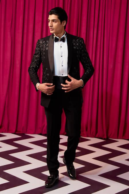 Contrast By Parth_Black Cotton, Wool Cut Work Cutdana Embellished Tuxedo Set _at_Aza_Fashions