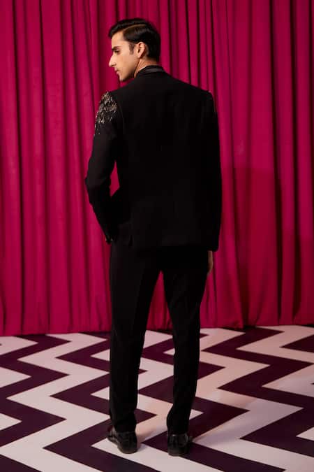 Shop_Contrast By Parth_Black Suede, Wool Beads, Cut Work Embellished Tuxedo Set _at_Aza_Fashions